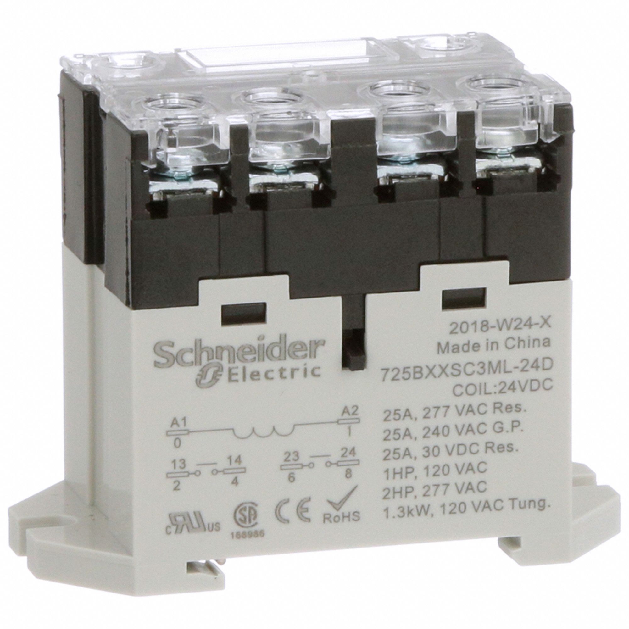 ENCLOSED POWER RELAY, DIN-RAIL AND SURFACE MOUNTED, 25 A CURRENT RATING, 24V DC, DPST-NO