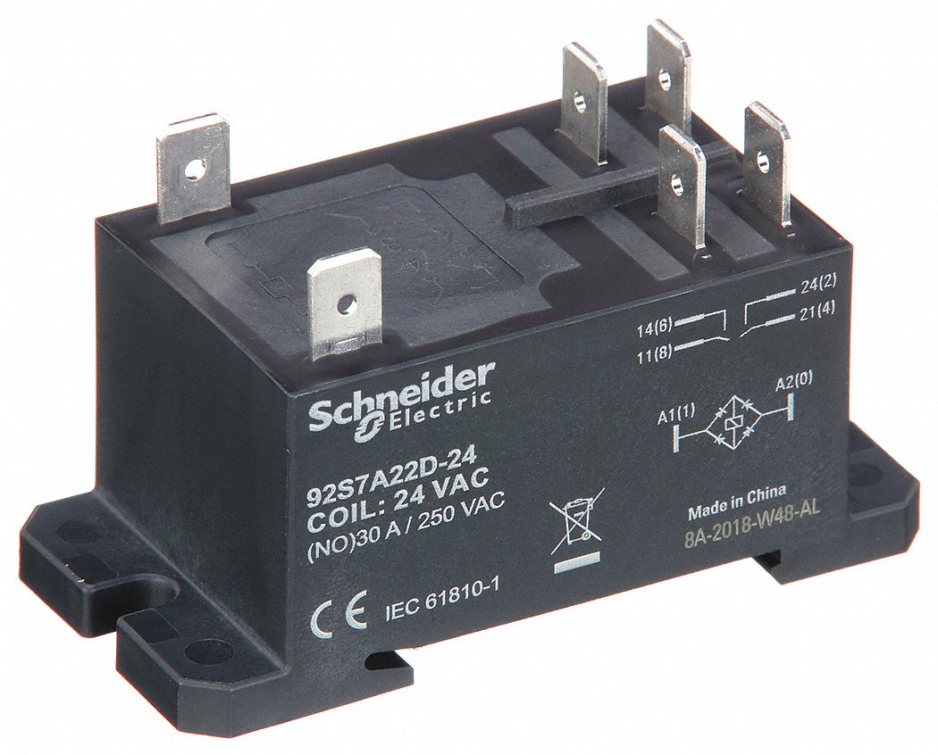 SCHNEIDER ELECTRIC Enclosed Power Relay: 6 Pins - Relay, DPST-NO, 24V AC,  1/4 in Tab Terminal