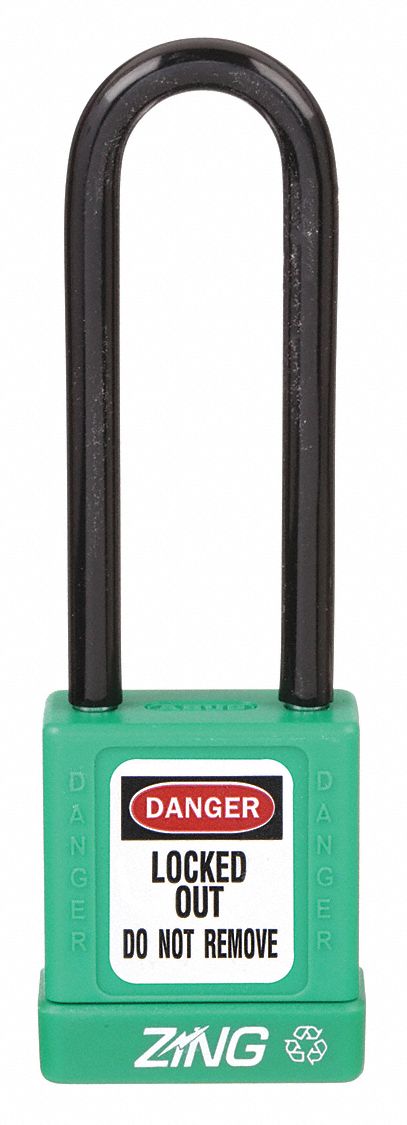 Lockout Padlock: Keyed Different, Aluminum, Std Body Body Size, Steel, Extended, Green, Plastic