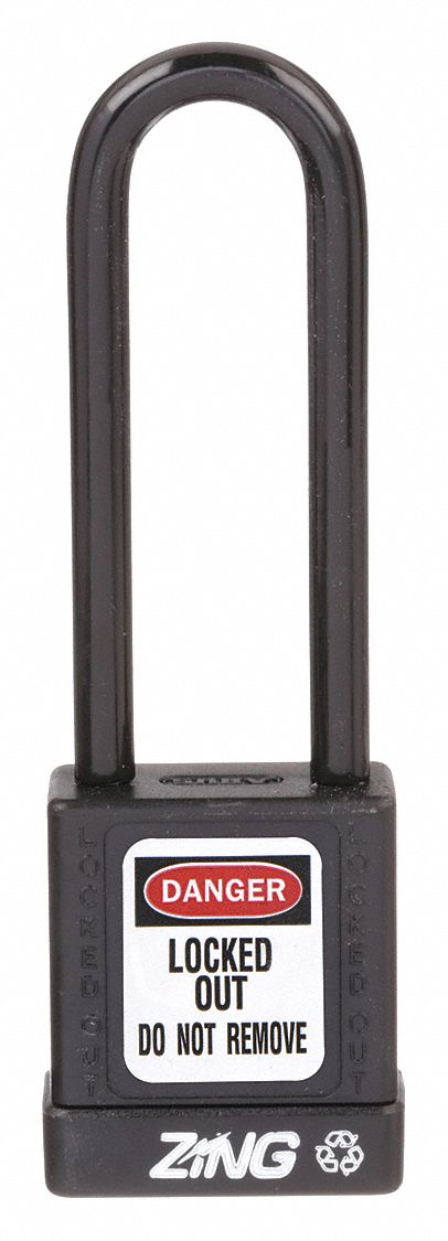 Lockout Padlock: Keyed Different, Aluminum, Std Body Body Size, Steel, Extended, Black, Plastic