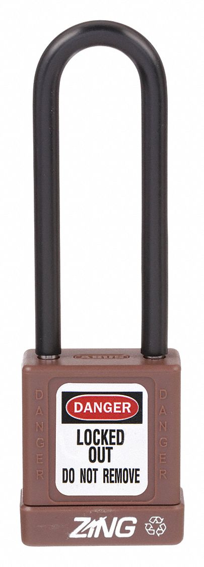 Lockout Padlock: Keyed Different, Aluminum, Std Body Body Size, Steel, Extended, Brown, Plastic