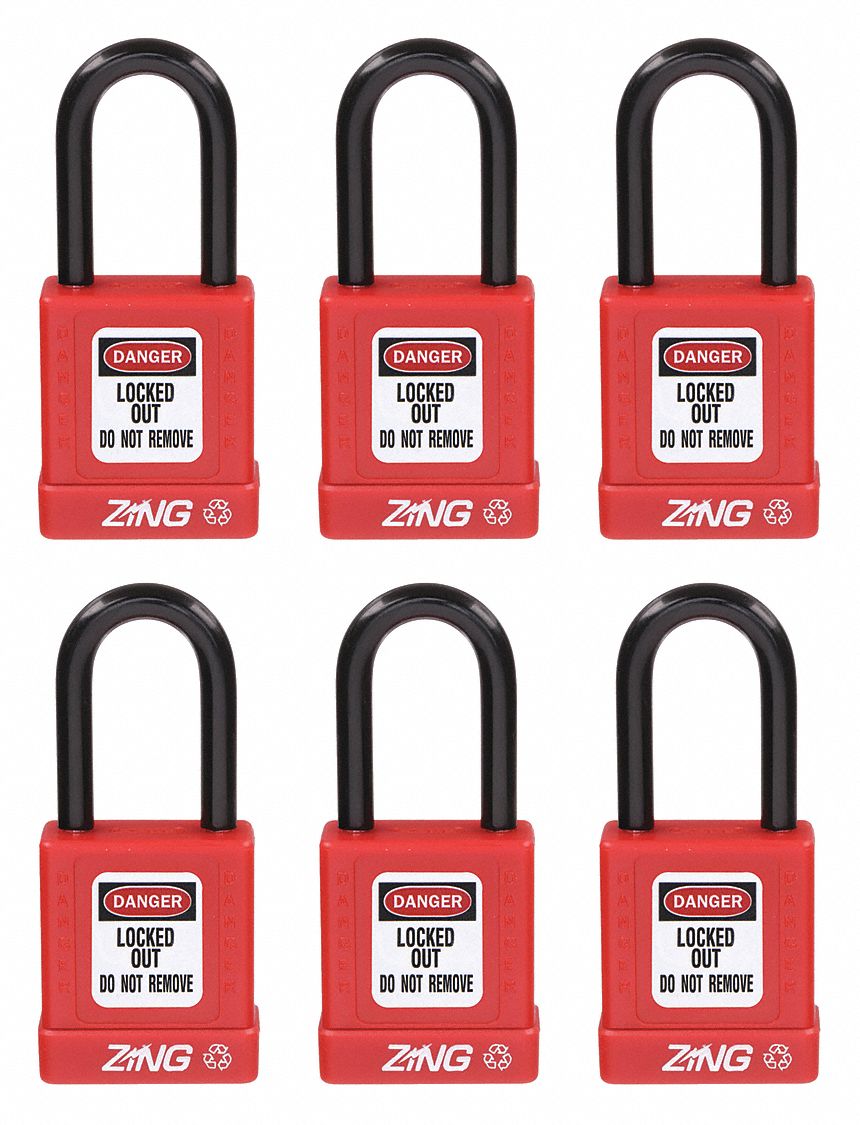 Lockout Padlock: Keyed Alike, Aluminum, Std Body Body Size, Steel, Std, Red, 6 Pack Size