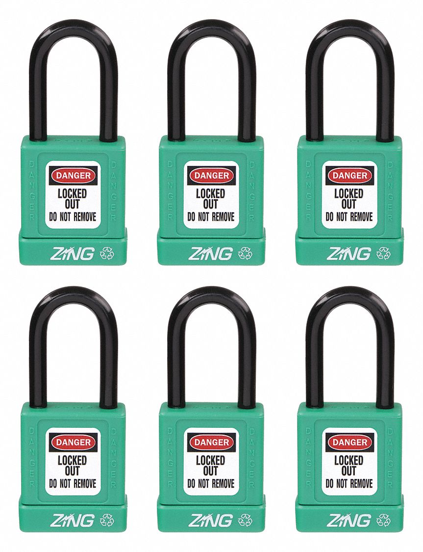 Lockout Padlock: Keyed Alike, Aluminum, Std Body Body Size, Steel, Std, Green, 6 Pack Size