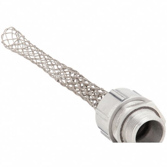 Liquid Tight Cord Connector with Strain Relief: Straight, Aluminum, 1 1/4  in MNPT, Mesh, 1 Cords