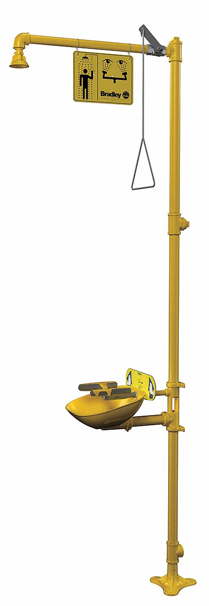 Shower with Eyewash: Floor Mnt, Uncovered, Plastic Bowl, Galvanized Steel Pipe, Std Mounting