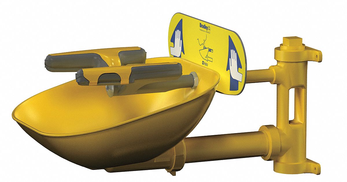 Plumbed Eyewash: Std, Wall Mnt, Eyes and Face Coverage, Uncovered, Plastic Bowl, Push Plate