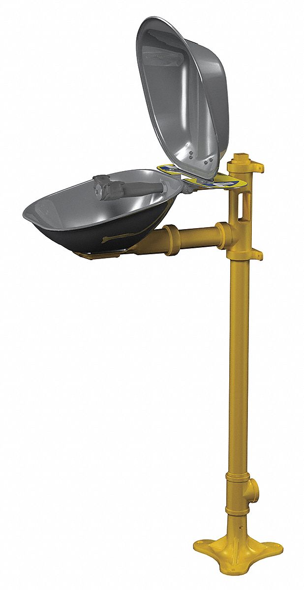 Plumbed Eyewash: Std, Floor Mnt, Eyes Coverage, Covered, Stainless Steel Bowl, Push Plate