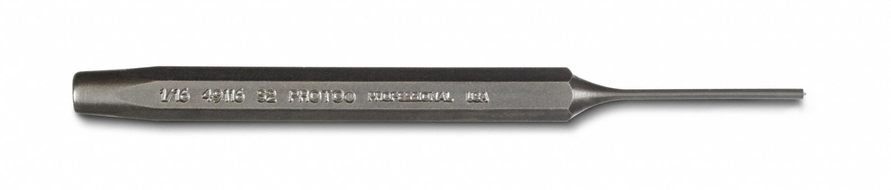 Pin Punch: 1/16 in Tip Dia, 1/4 in Shank Wd, 3 3/4 in Overall Lg, Hexagon, Steel, Ball, SAE