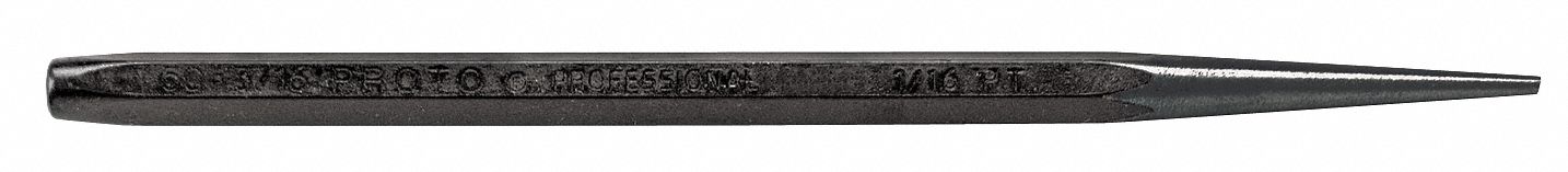 Starter Punch: 1/16 in Tip Dia, 1/4 in Shank Wd, 4 1/4 in Overall Lg, Hexagon, Steel, Flat, SAE