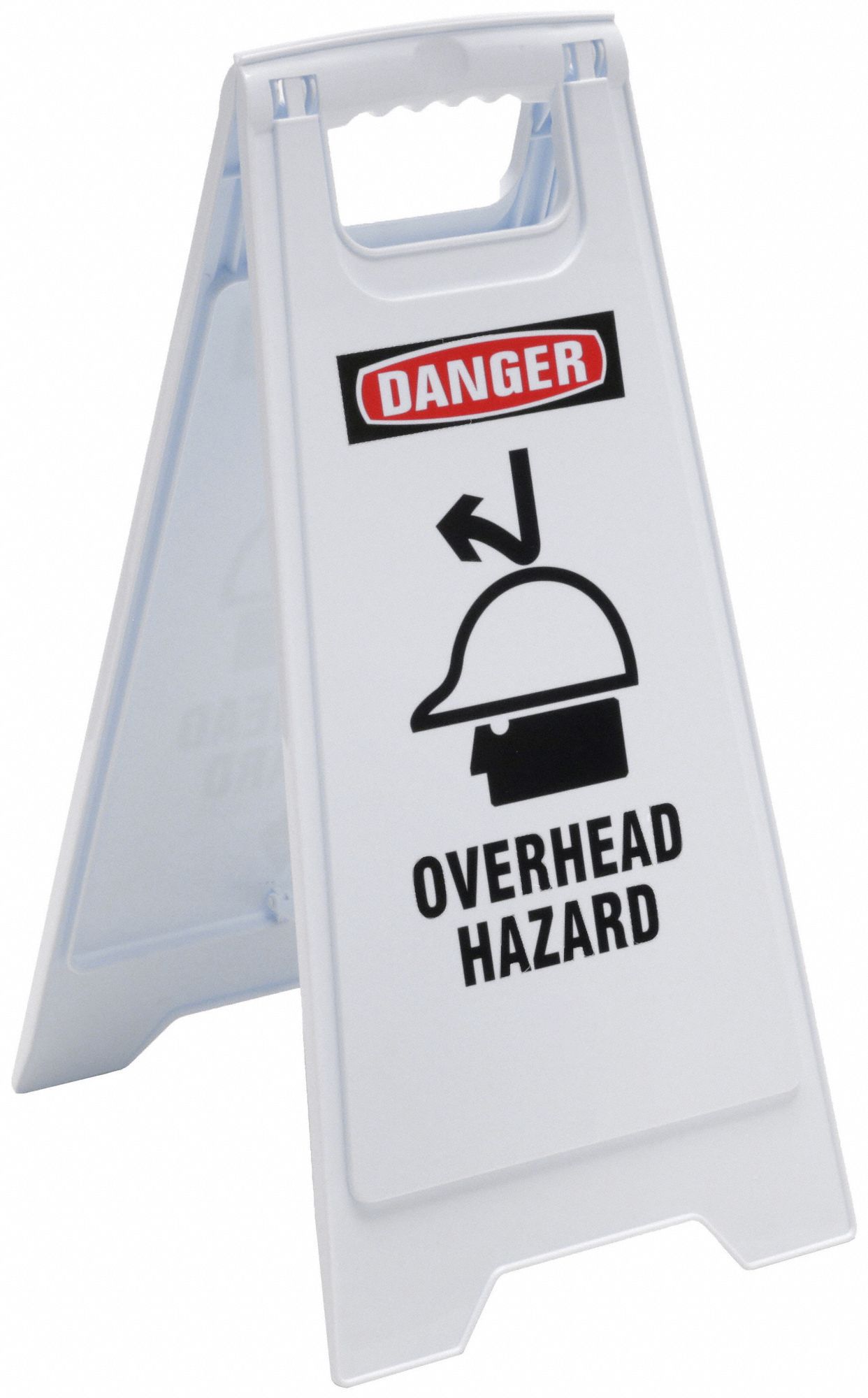 FLOOR SIGN, POLYPROPYLENE, 24 IN X 11 29/36 IN X 12 IN NOMINAL SIGN SIZE, NOT RETROREFLECTIVE, WHITE, OVERHEAD HAZARD