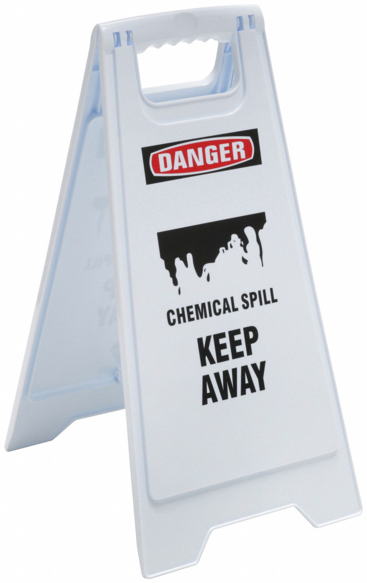 FLOOR SIGN, POLYPROPYLENE, 24 IN X 11 29/36 IN X 12 IN NOMINAL SIGN SIZE, NOT RETROREFLECTIVE, WHITE/RED, CHEMICAL SPILL