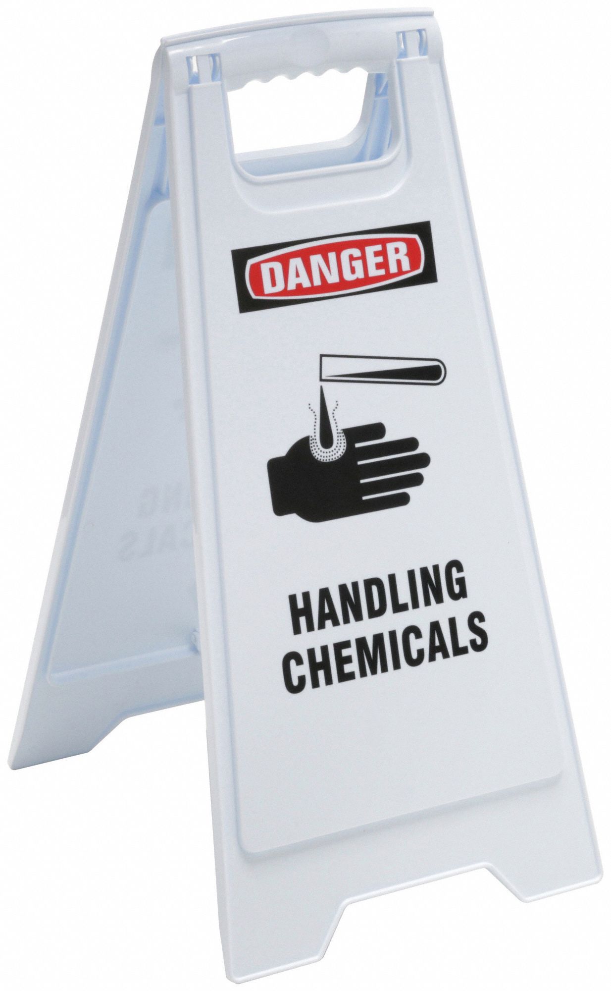 FLOOR SIGN, POLYPROPYLENE, 24 X 11 29/36 X 12 IN NOMINAL SIGN SIZE, NOT RETROREFLECTIVE, WHITE/RED, HANDLING CHEMICALS