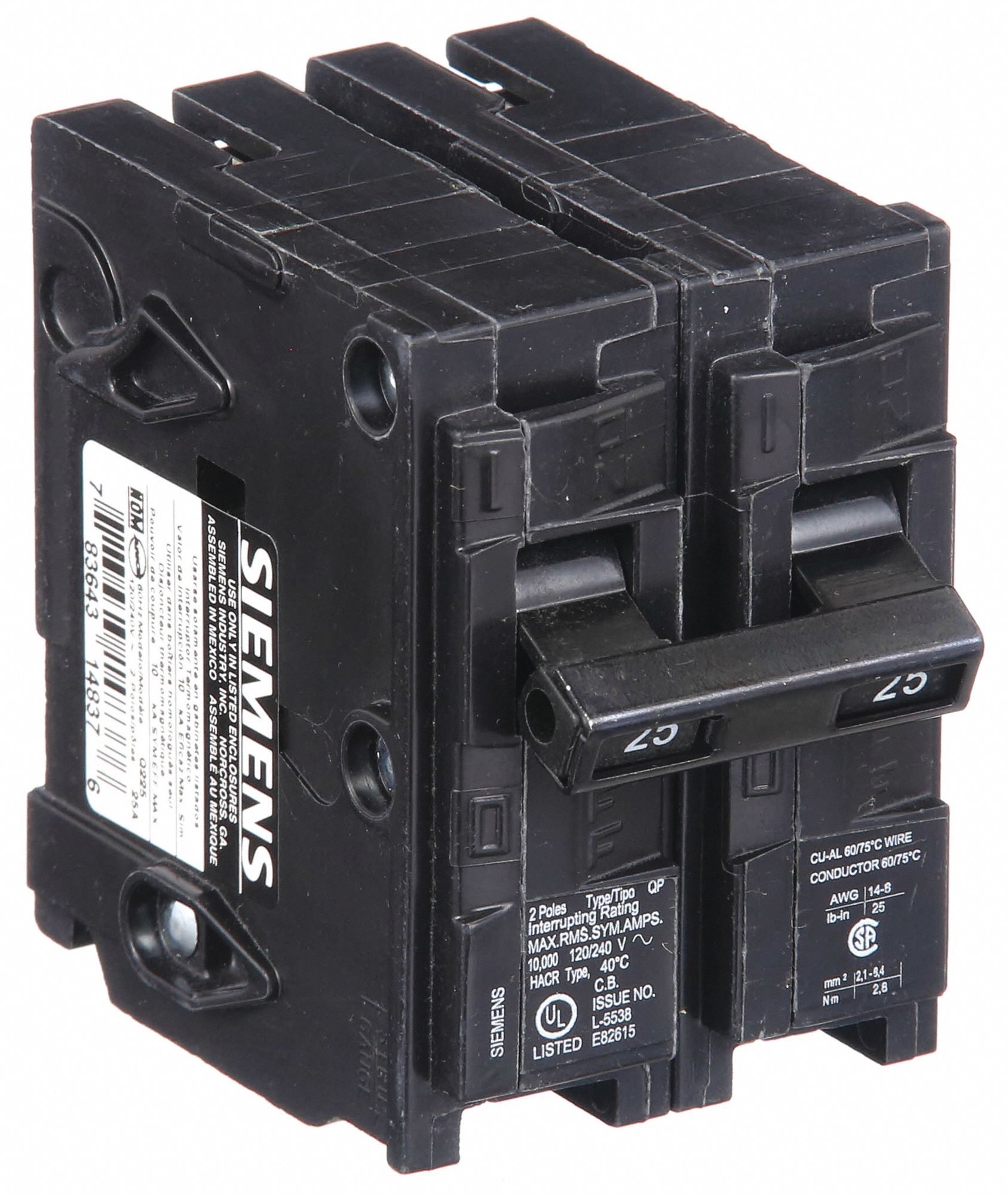 Miniature Circuit Breaker: 25 A Amps, 120/240V AC, 2 Poles, Std