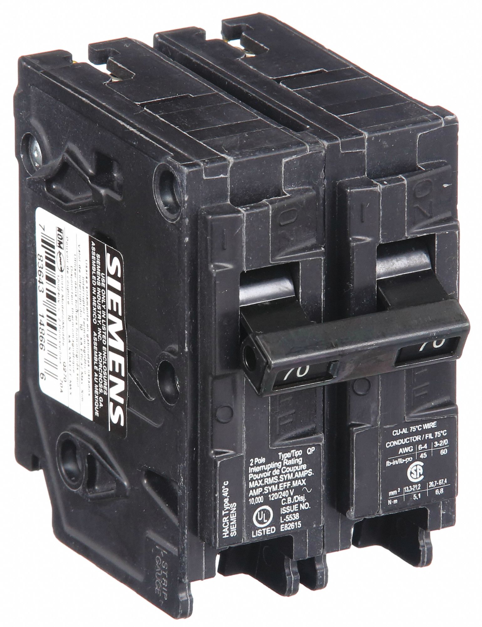 Miniature Circuit Breaker: 70 A Amps, 120/240V AC, 2 Poles, Std