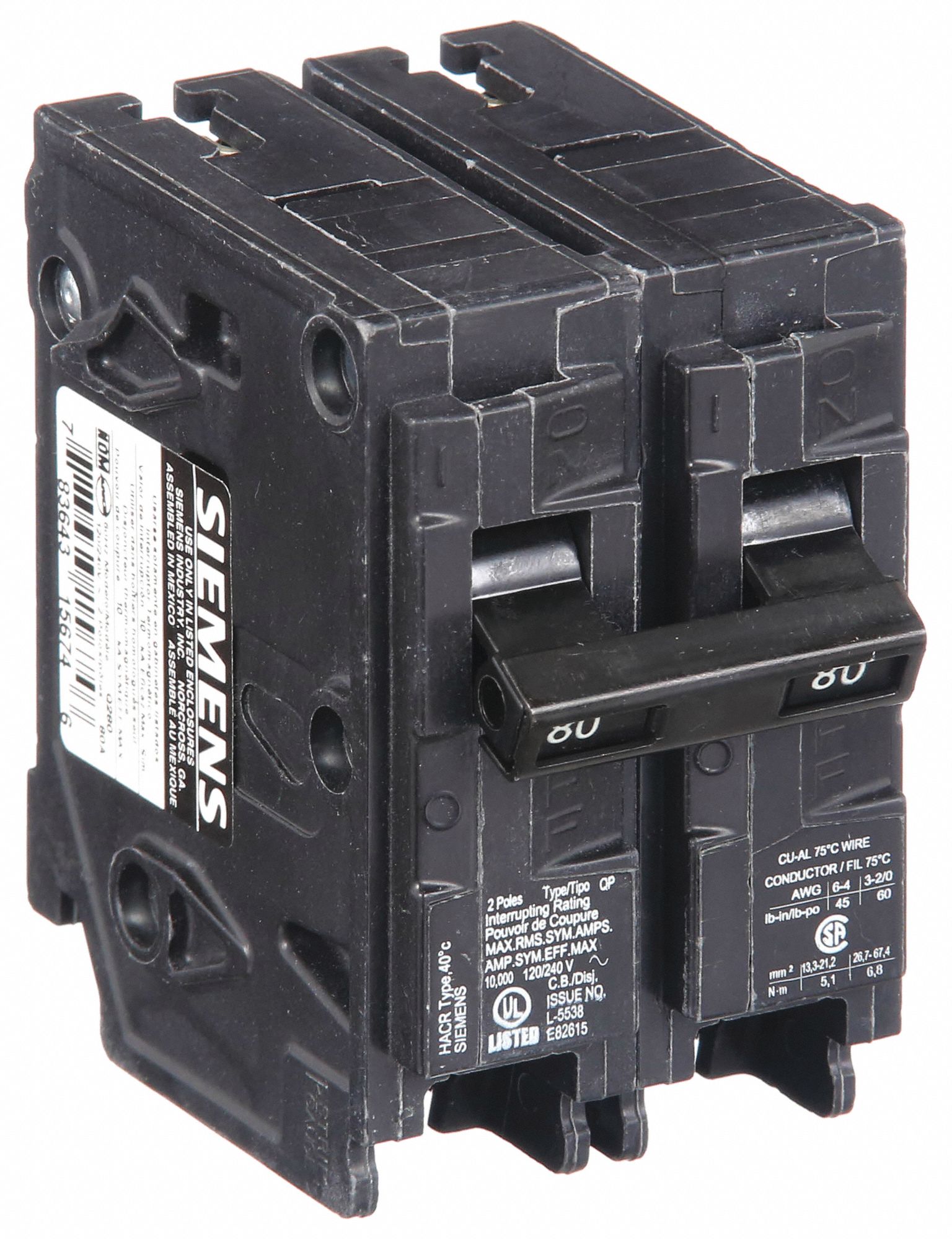 Miniature Circuit Breaker: 80 A Amps, 120/240V AC, 2 Poles, Std
