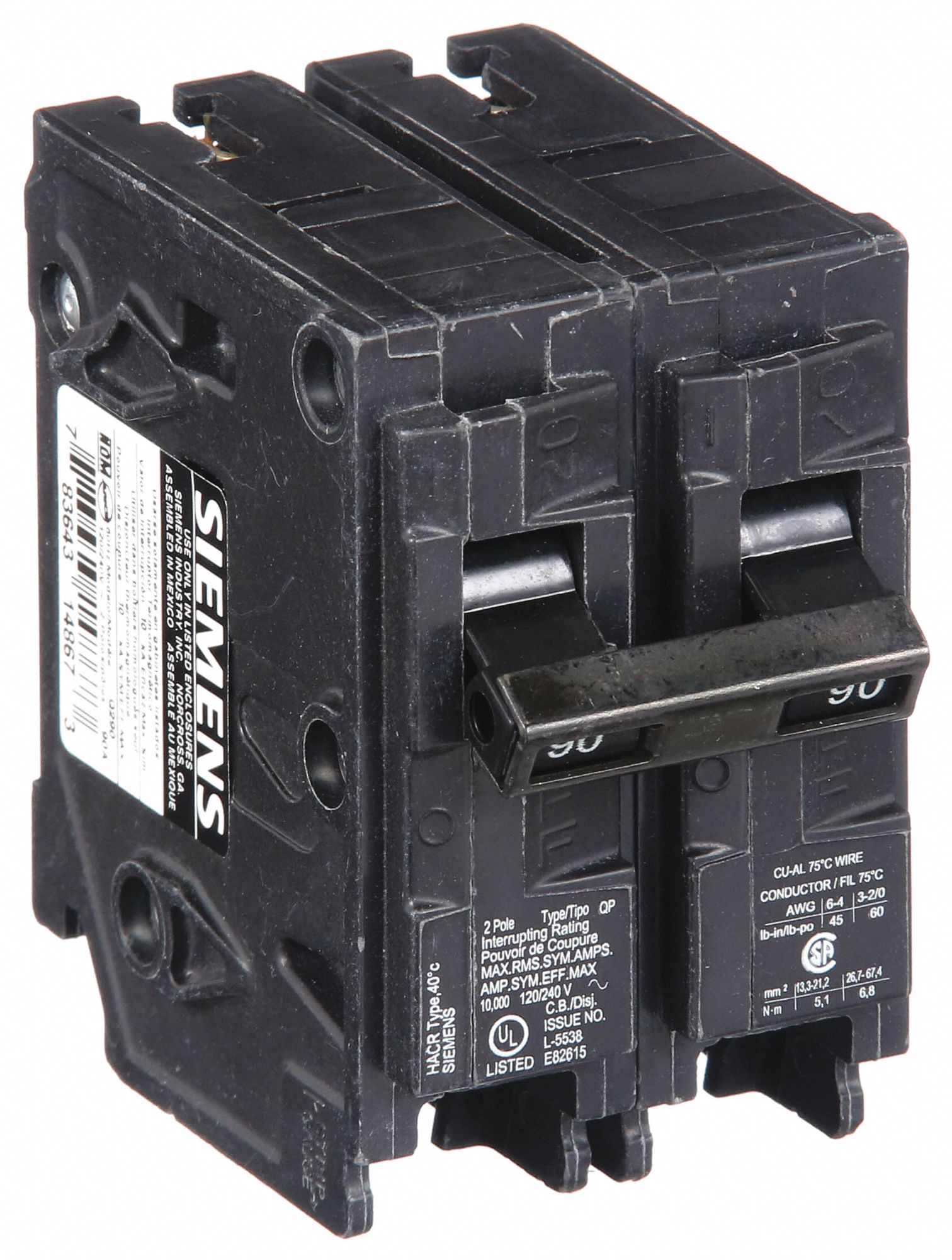 Miniature Circuit Breaker: 90 A Amps, 120/240V AC, 2 Poles, Std