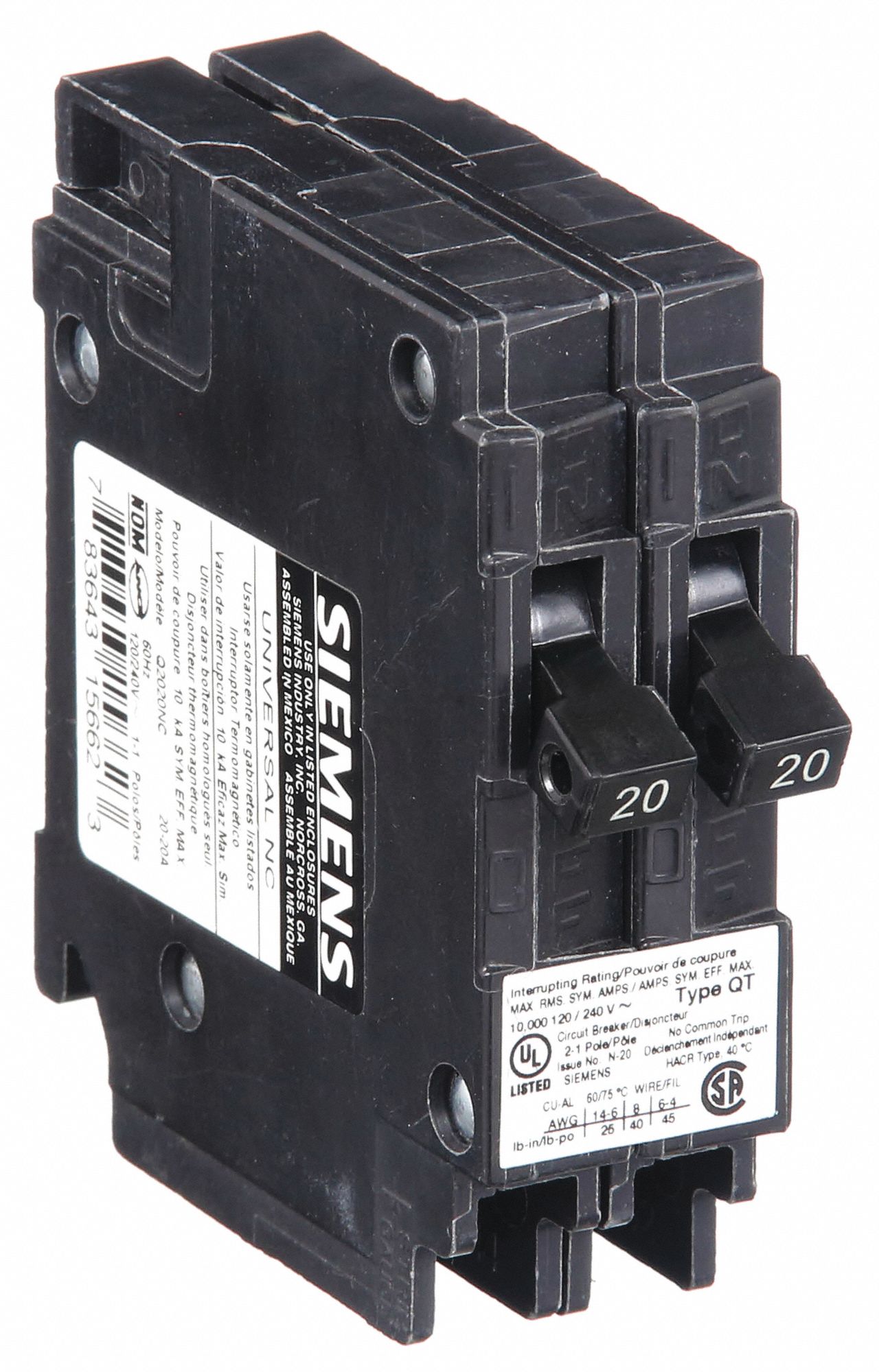Miniature Circuit Breaker: 15/15 A Amps, 120V AC, 1 Poles, Duplex/Non CTL