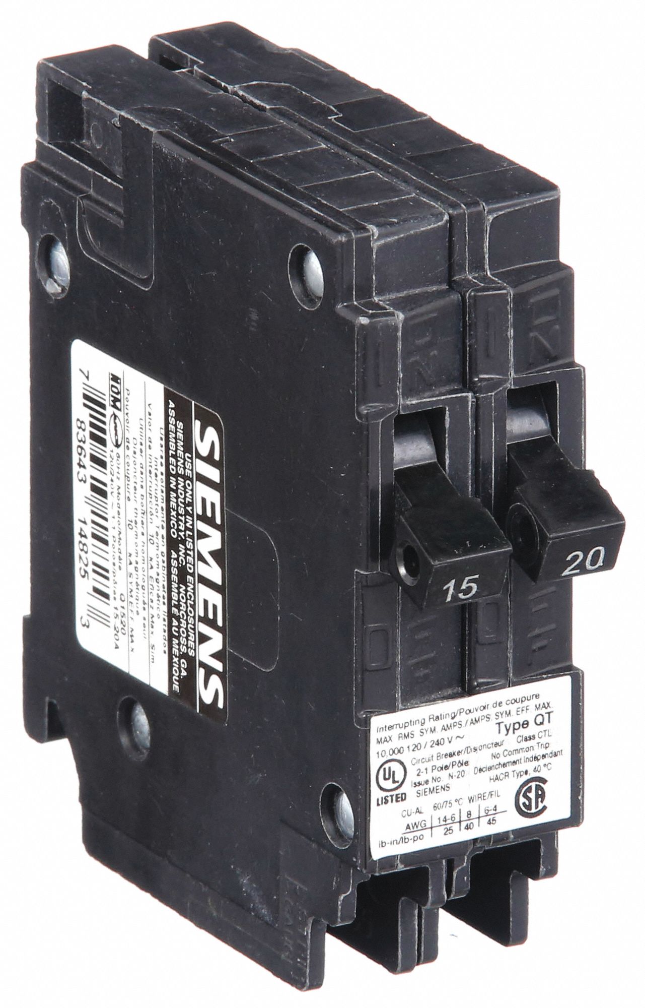 Miniature Circuit Breaker: 15/20 A Amps, 120V AC, 1 Poles, Duplex