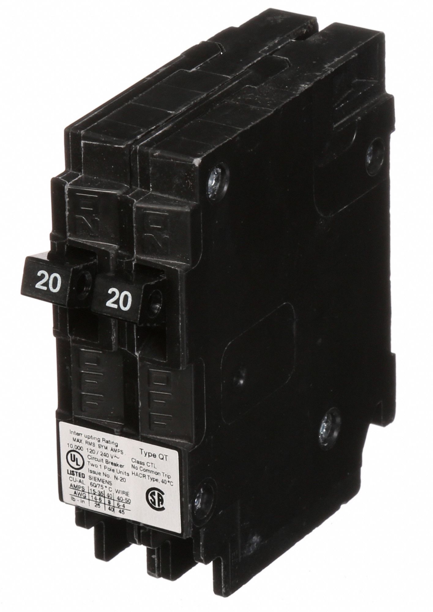 SIEMENS Miniature Circuit Breaker 20/20 A Amps, 120V AC, Single Phase