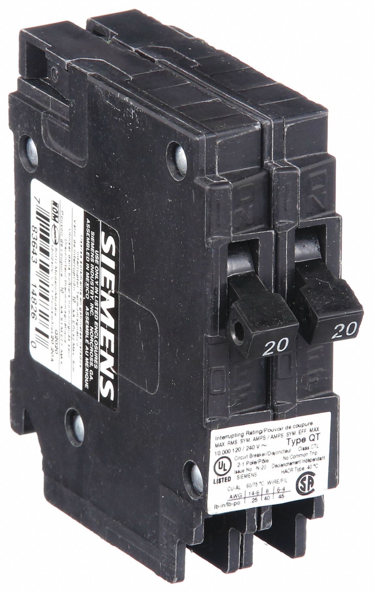 Miniature Circuit Breaker: 20/20 A Amps, 120V AC, 1 Poles, Duplex
