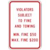 Violators Subject To Fine And Towing Min. Fine $50 Max. Fine $200 Signs (Pennsylvania)