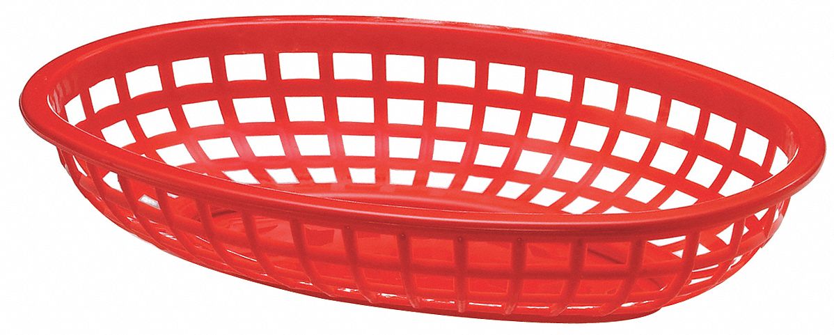 Food Serving Basket: Red, Plastic, 6 3/16 in Wide, 1 7/8 in Overall Ht