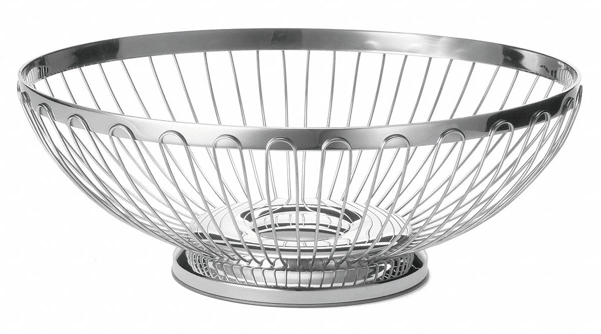 Food Serving Basket: Silver, Stainless Steel, 7 3/8 in Wide, 9 3/8 in Lg