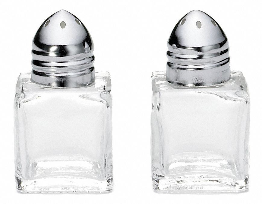 Salt and Pepper Shaker: 1.5 oz Capacity, Glass, Clear, 2 in Overall Ht
