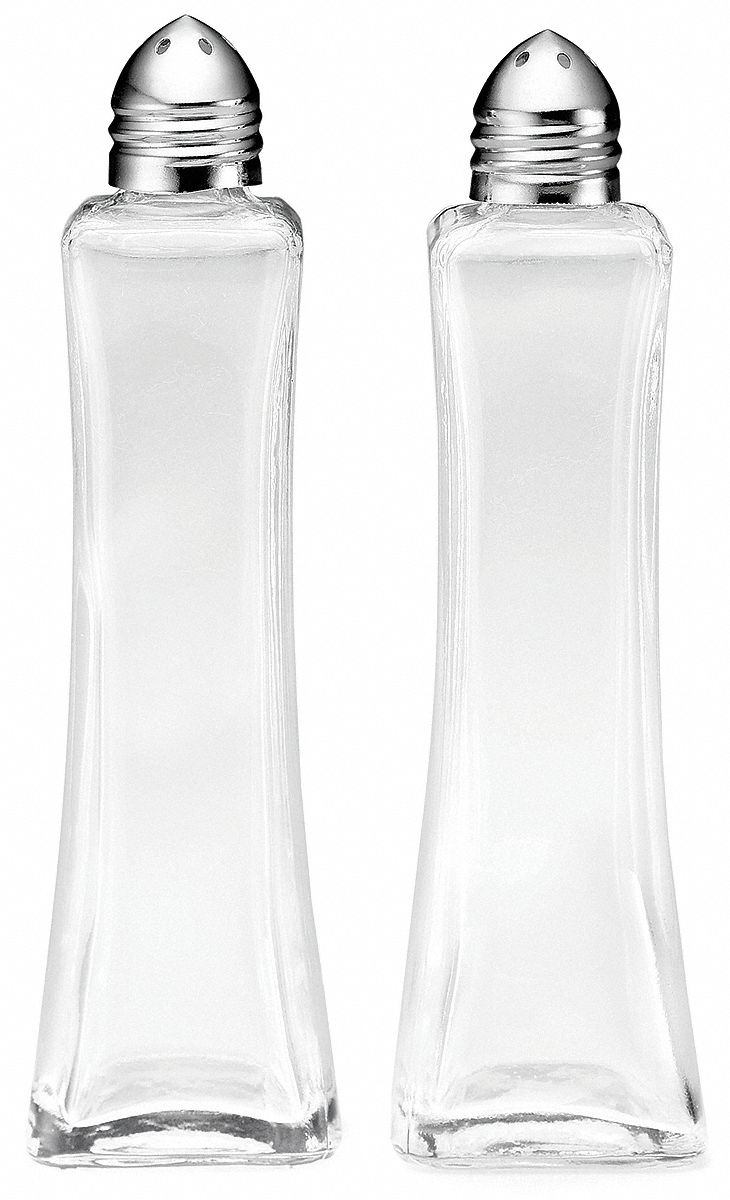 Salt and Pepper Shaker: 2 oz Capacity, Glass, Clear, 3 5/8 in Overall Ht