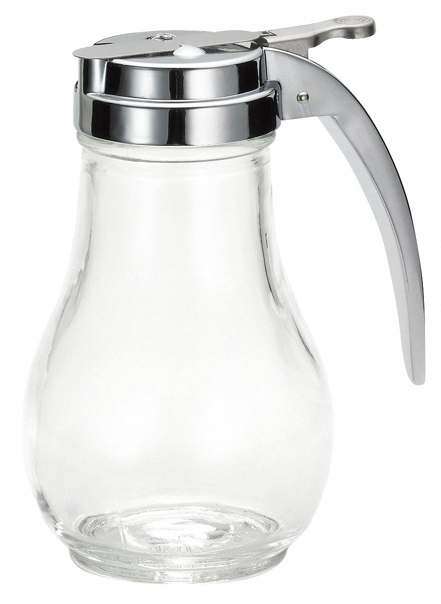Syrup Dispenser: 6 oz Capacity, Clear, Glass, 4 1/8 in Overall Ht, Metal