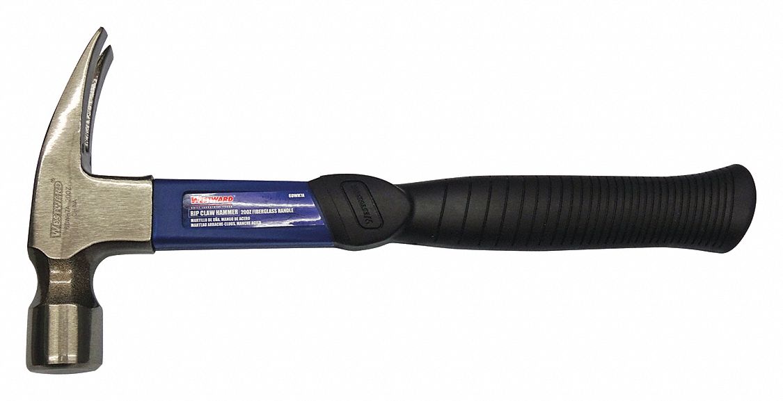 Straight Claw Hammer: Steel, Textured Grip, Fiberglass Handle, 20 oz Head Wt, 13 in Overall Lg