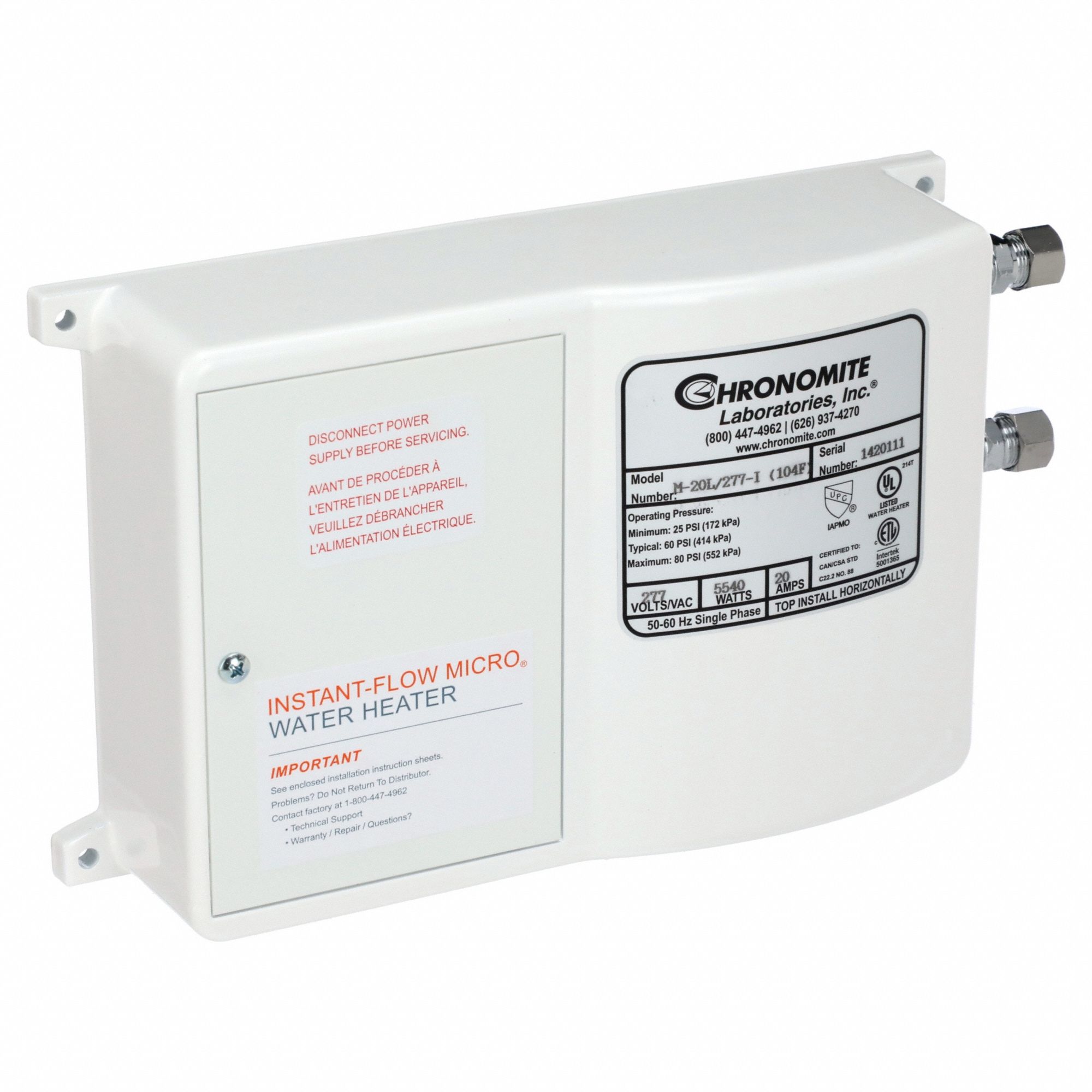 Electric Tankless Water Heater: Indoor, 5, 540 W, 1.5 gpm Max. Flow Rate