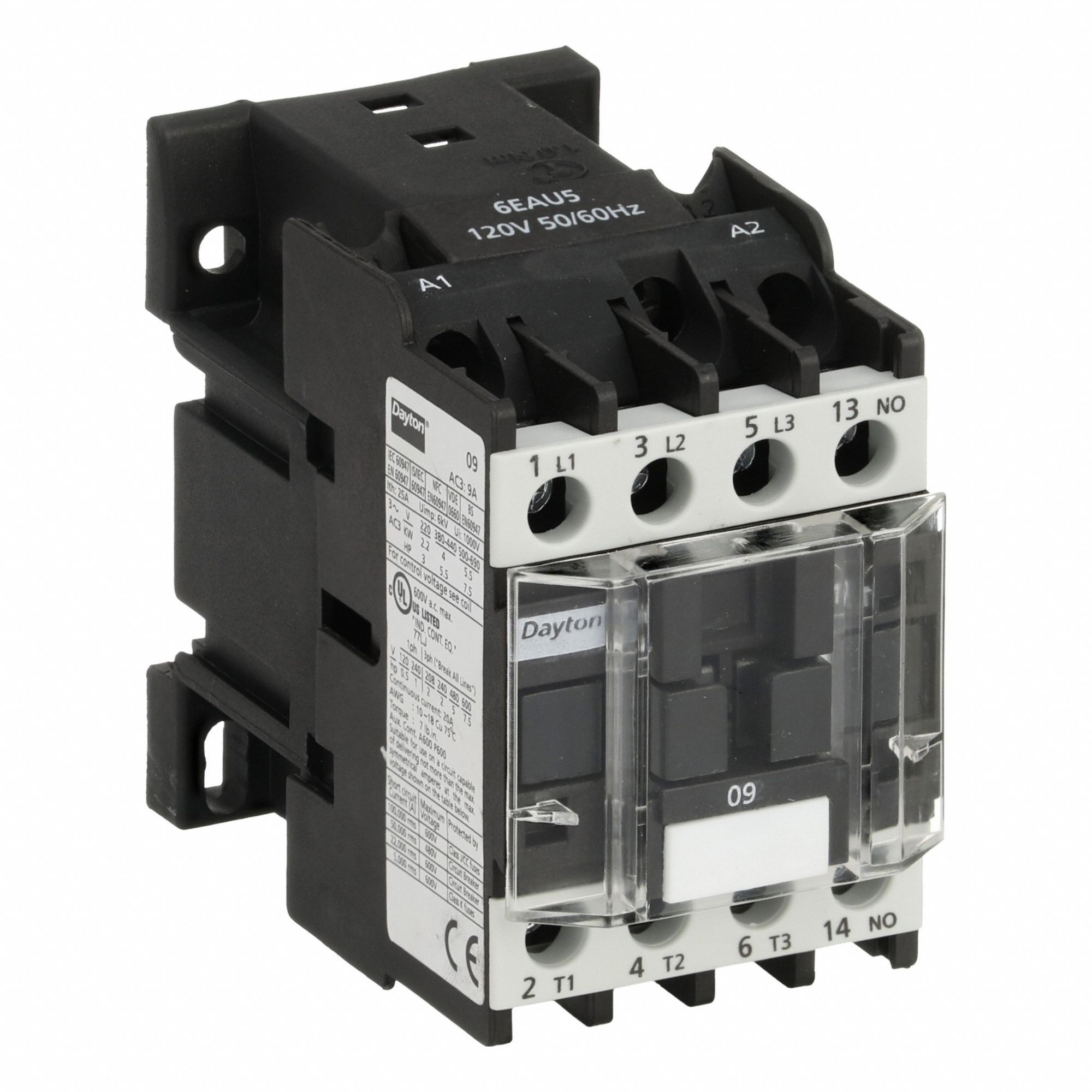 IEC Magnetic Contactor: Non-Reversing, 3 Poles, 3NO Contacts, 9 A, 120V AC Coil