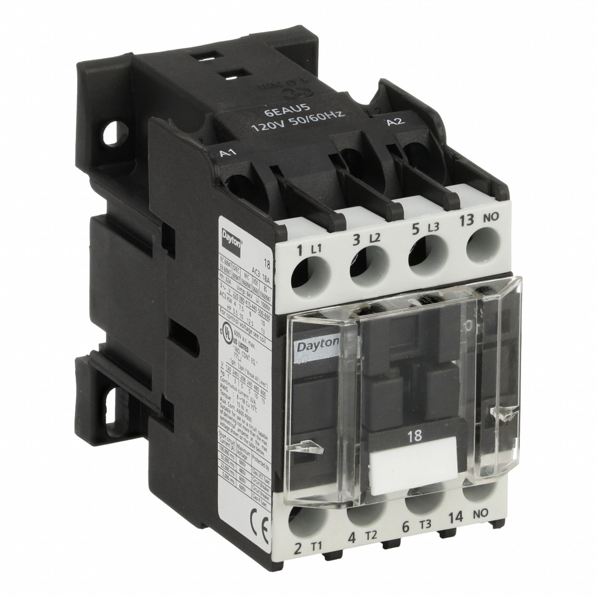 IEC Magnetic Contactor: Non-Reversing, 3 Poles, 3NO Contacts, 18 A, 120V AC Coil
