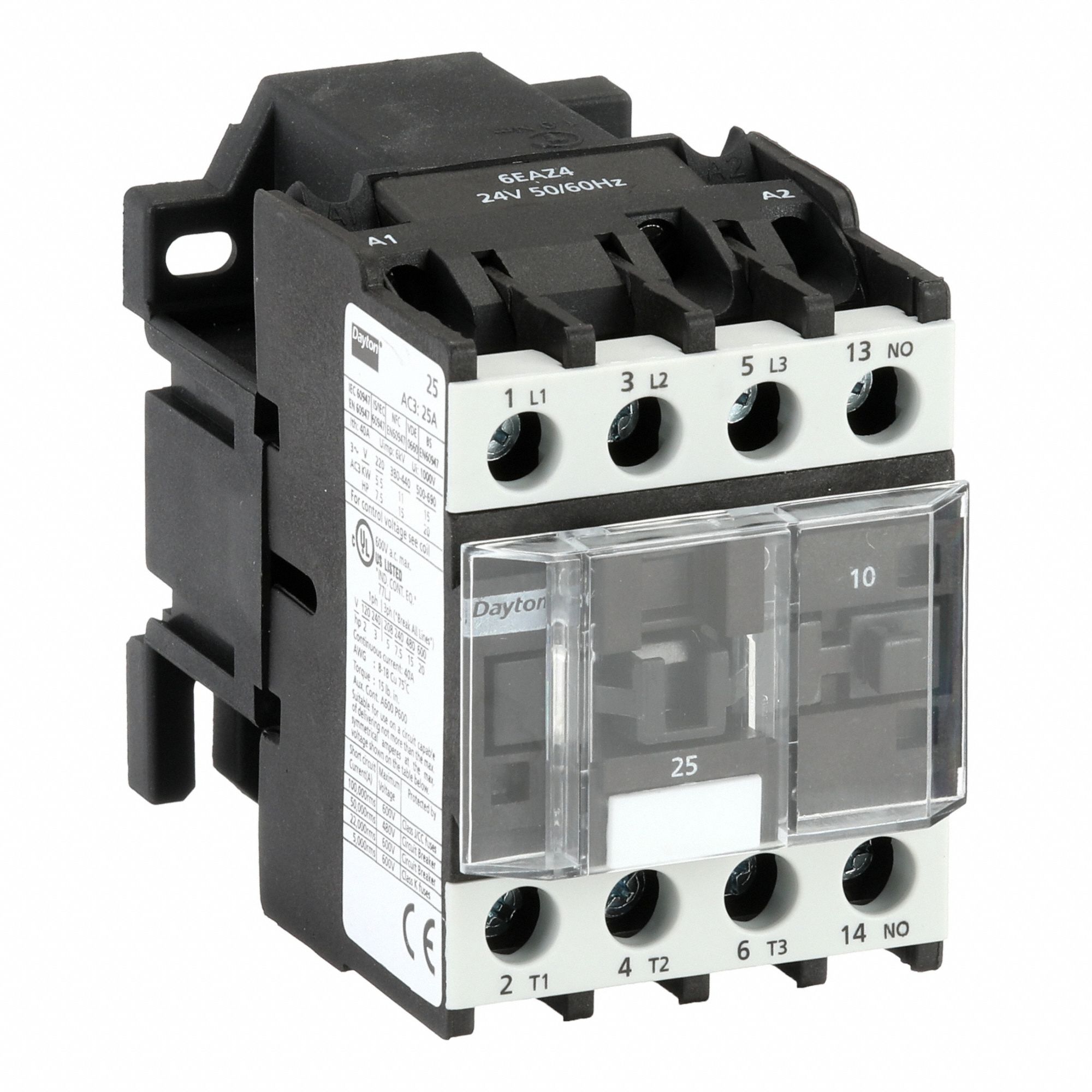 IEC Magnetic Contactor: Non-Reversing, 3 Poles, 3NO Contacts, 25 A, 24V AC Coil, 1NO