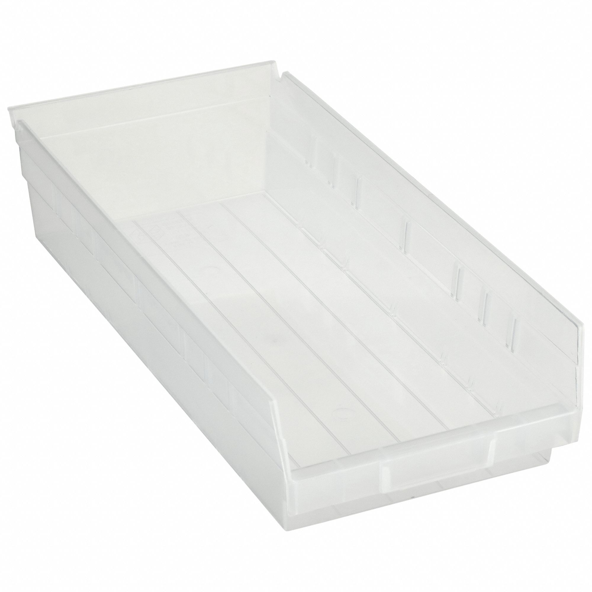 Shelf Bin: 17 7/8 in Overall Lg, 8 3/8 in x 4 in, Clear, Nesting Capable