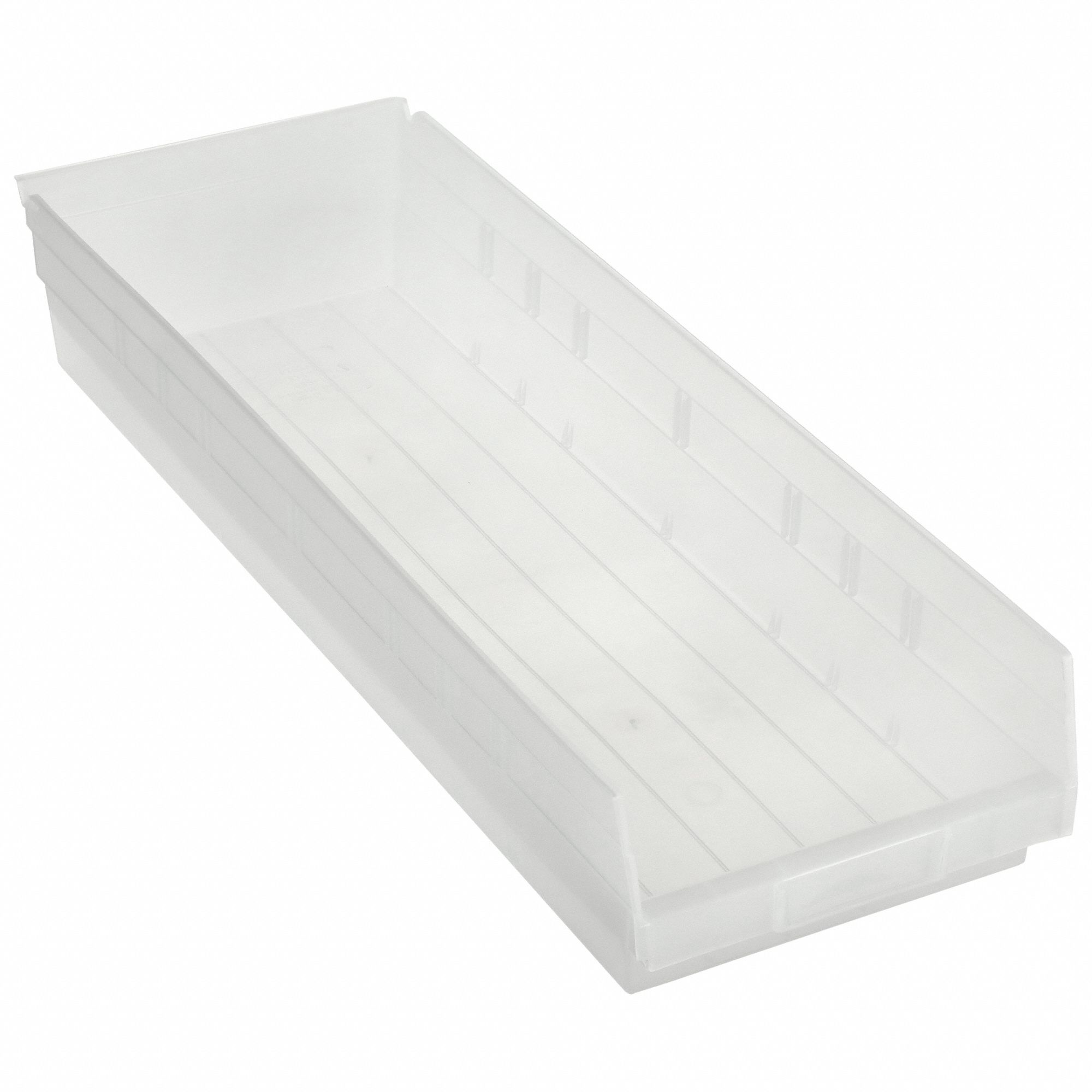 Shelf Bin: 23 5/8 in Overall Lg, 8 3/8 in x 4 in, Clear, Nesting Capable