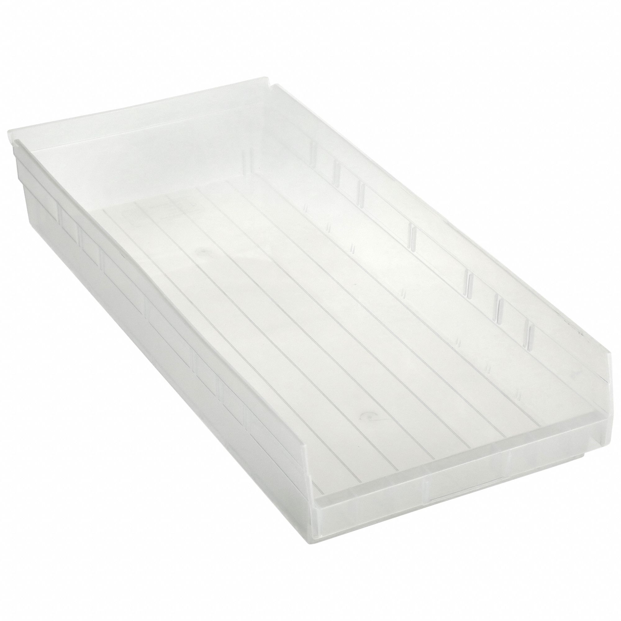 Shelf Bin: 23 5/8 in Overall Lg, 11 1/8 in x 4 in, Clear, Nesting Capable
