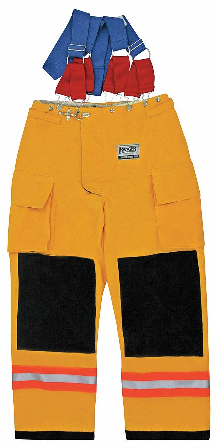 Turnout Pants: 4XL, 56 in Fits Waist Size, 30 in Inseam, Yellow, Nomex(R), Orange