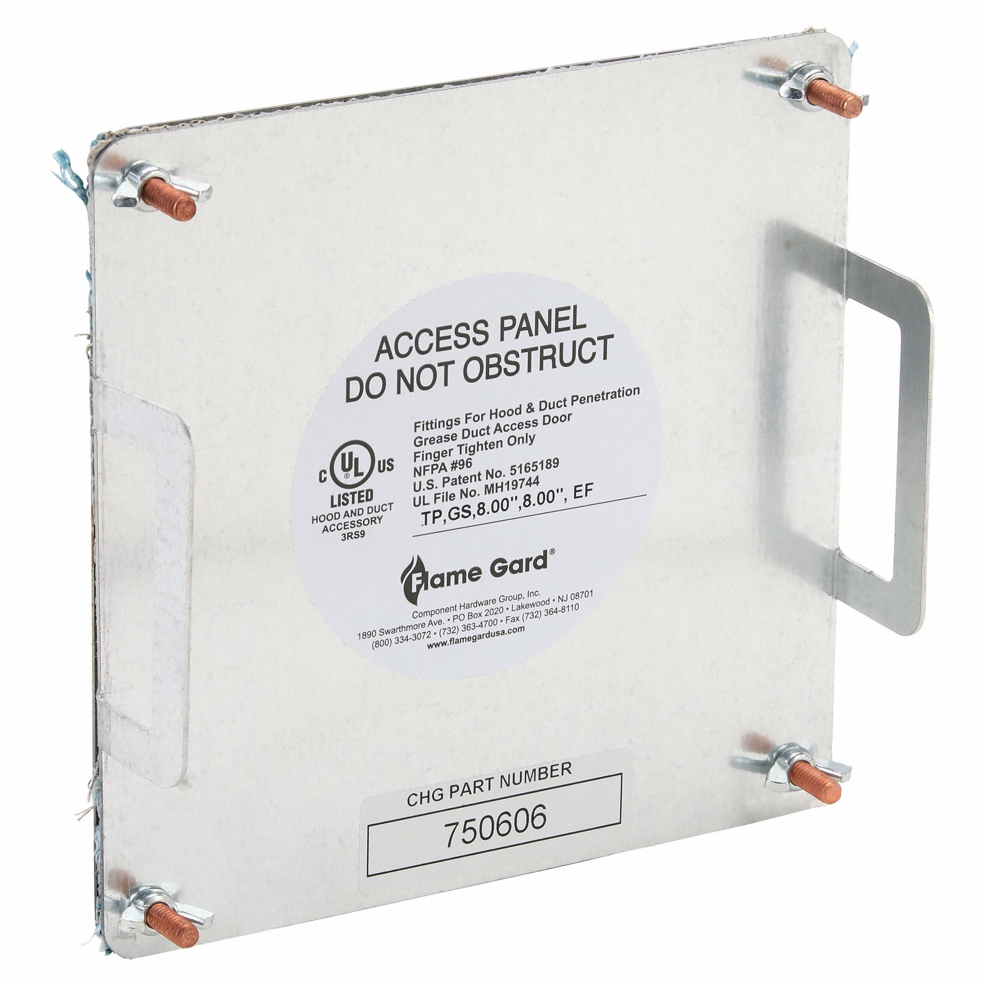 Duct Access Door: 8 in x 8 in, 16 ga, Steel, Thumbscrews, 2, 300°F Max Temp Rating, 4 Mounting Stud