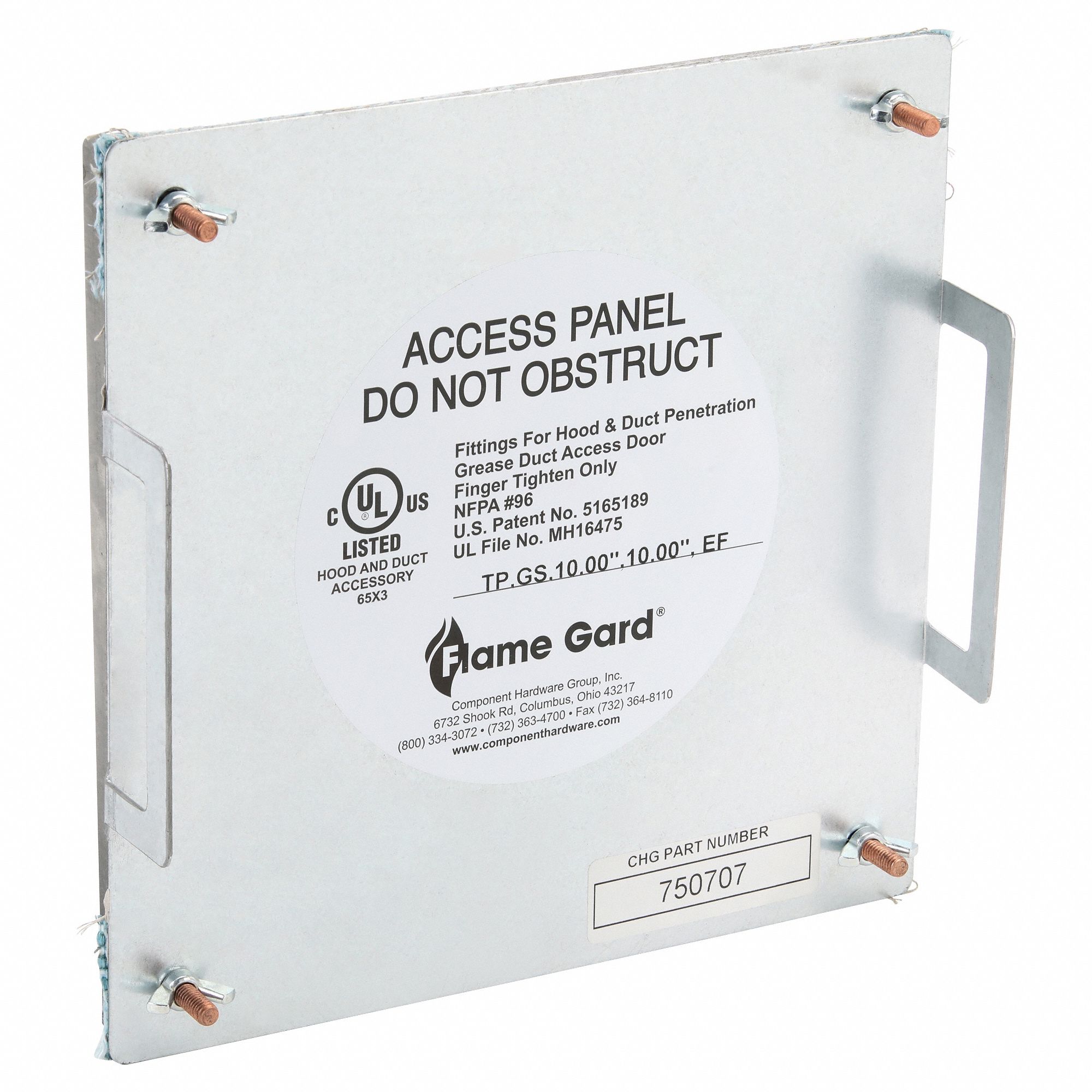 Duct Access Door: 10 in x 10 in, 16 ga, Steel, Thumbscrews, 2, 300°F Max Temp Rating, 4 Mounting Stud