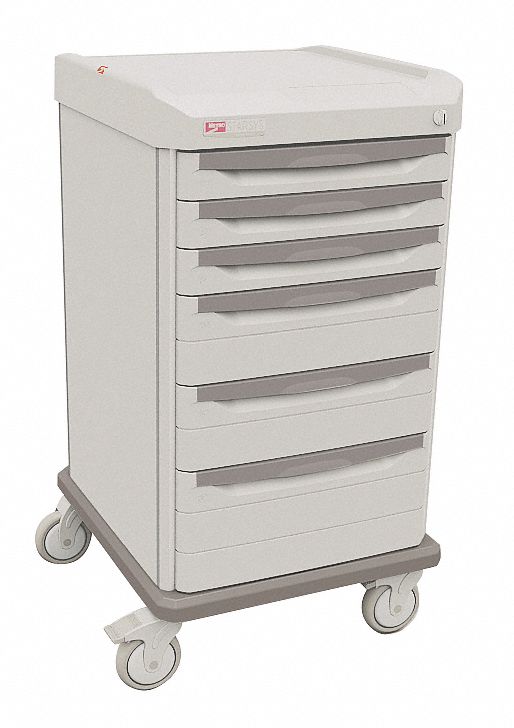 Medical Procedure Cart: Polymer, (4) Swivel, Taupe, White, 6 Drawers, 1 Shelves