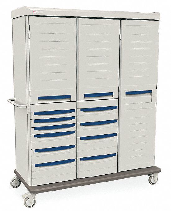 Supply Cabinet: 65 3/4 in x 27 7/8 in x 78 1/4 in, 11 Shelves, 10 Drawers, 3 Doors, Taupe