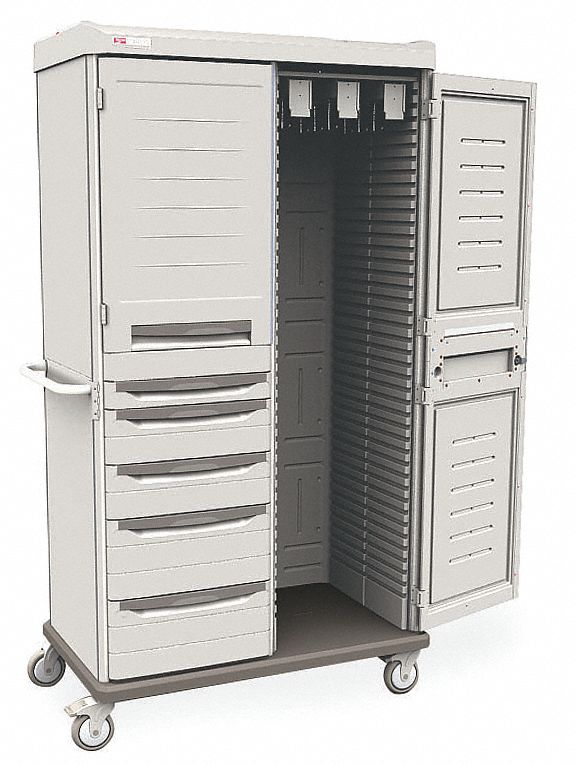Catheter Storage Cabinet: 43 in x 25 in x 76 in, 3 Shelves, 5 Drawers, 2 Doors, Taupe