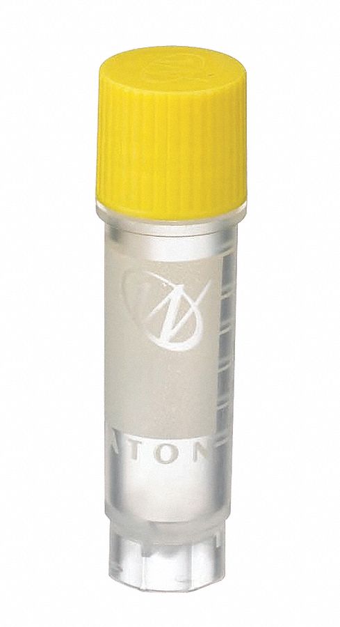 Cryogenic Vial: HDPE, 0.06 fl oz Capacity - oz, 2 mL Capacity - mL, Yellow, Cryogenic, Polypropylene
