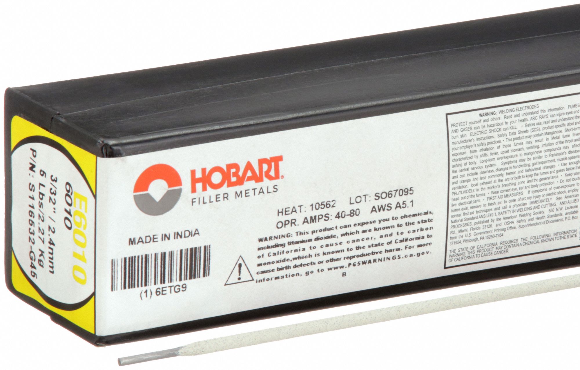 Stick Electrode: Carbon Steel, E6010, 3/32 in x 14 in, 5 lb