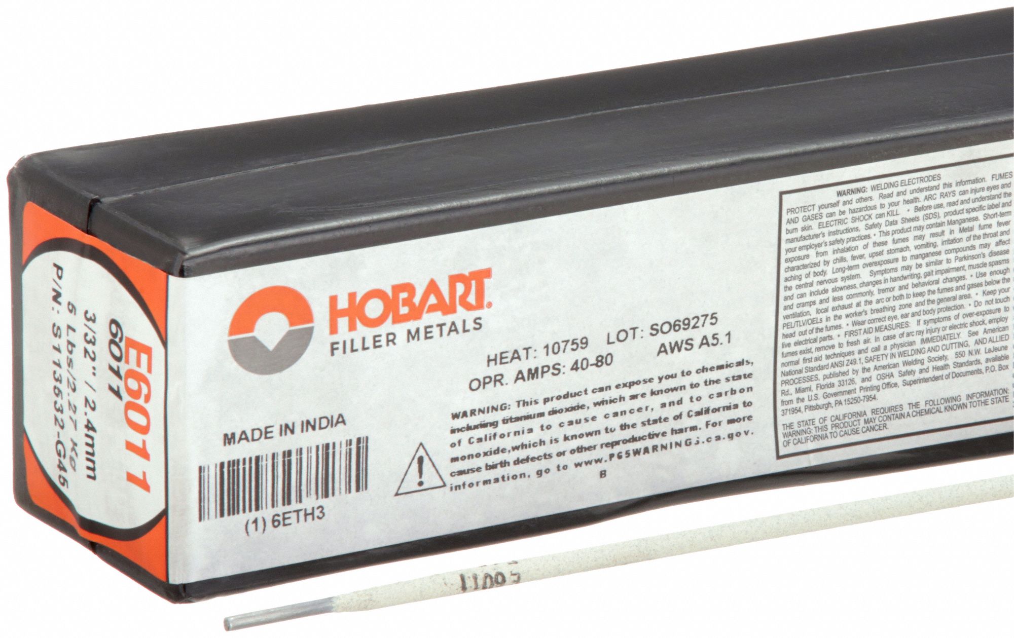 Stick Electrode: Carbon Steel, E6011, 3/32 in x 14 in, 5 lb