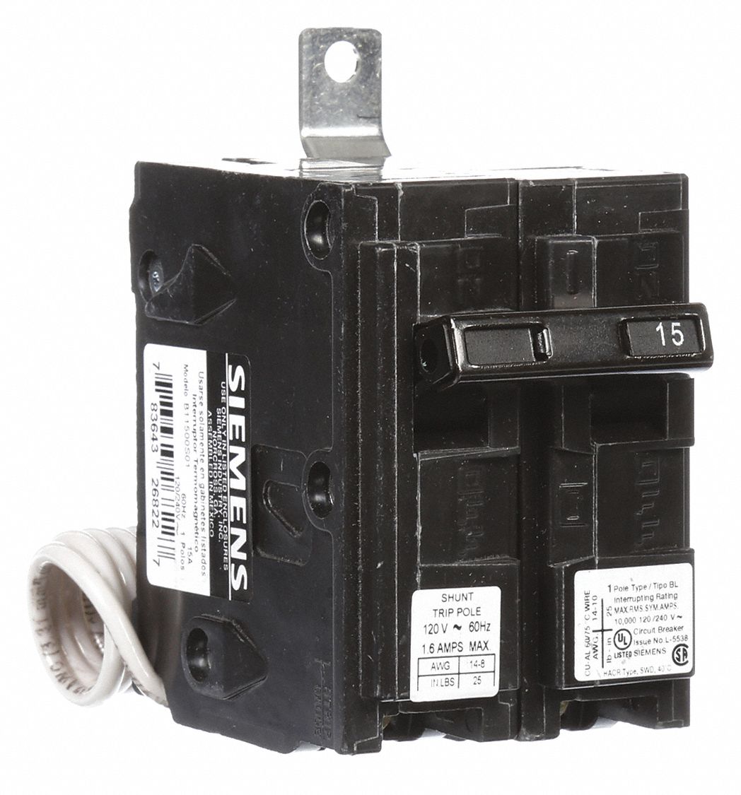 Miniature Circuit Breaker: 15 A Amps, 120/240V AC, 1 Poles, Shunt Trip