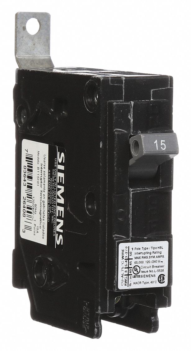 Miniature Circuit Breaker: 15 A Amps, 120/240V AC, 1 Poles, Std