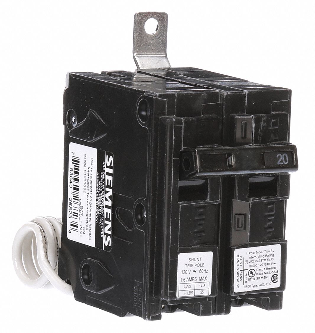 Siemens Miniature Circuit Breaker Amps 20 A Circuit Breaker Type Shunt Trip Number Of Poles 1 6euz2 B12000s01 Grainger